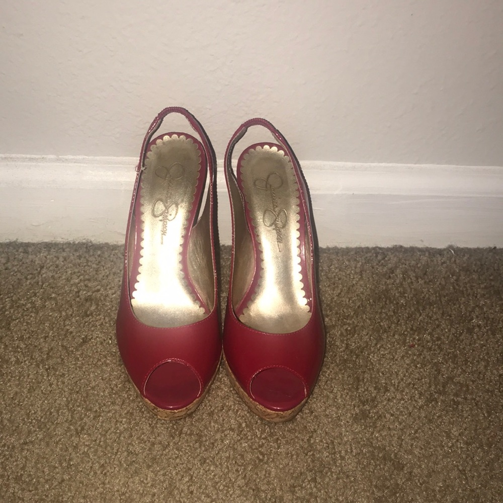 Red Jessica Simpson cork heels